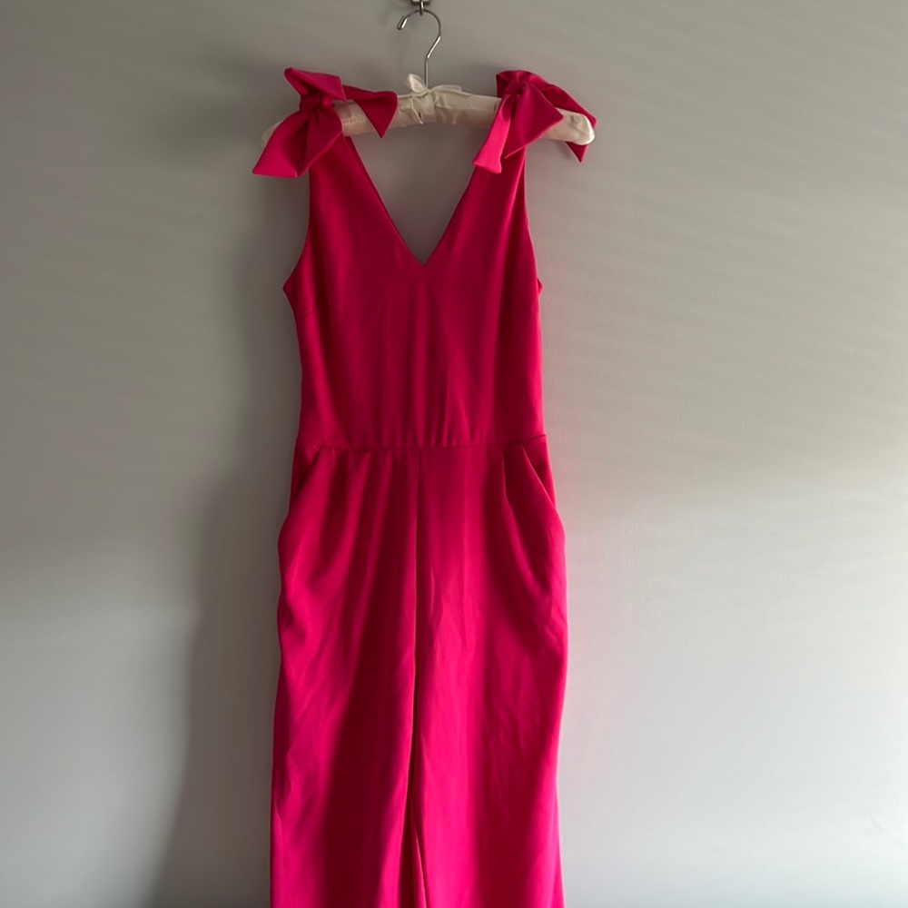Women’s Size Medium Hot Pink Jumpsuit with Pockets and Bows on the Shoulder